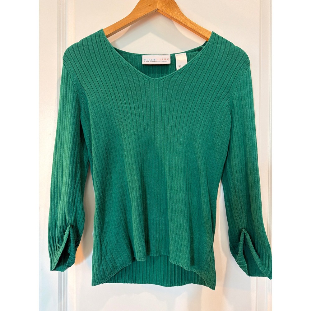 First Issue Liz Claiborne Green Ribbed V-Neck Sweater 3/4 Sleeve Cotton Small